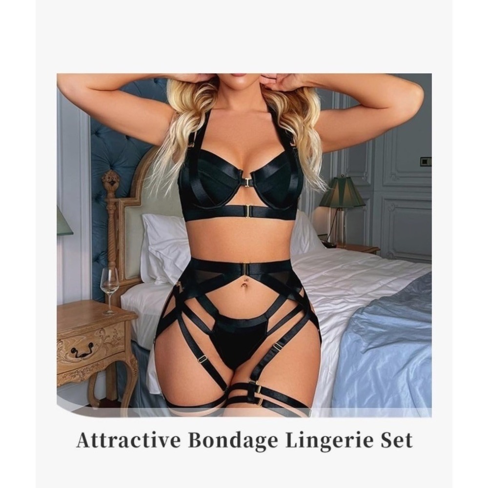 Kaei&Shi Strappy Cutout Lingerie  Backless Bondage Garter Outfits Large  Black
